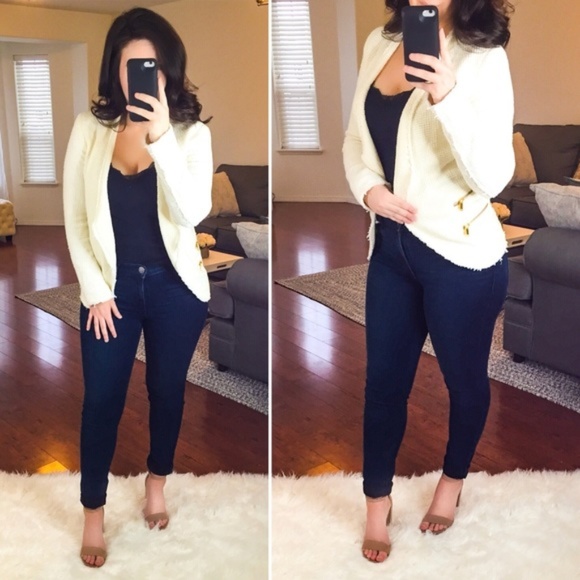 ZARA Cream and Gold Frayed Hem Blazer - Picture 1 of 6